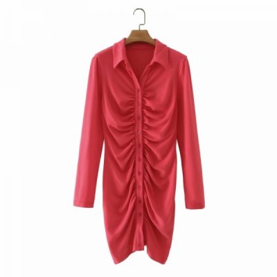 Hot Sale Women Pleated Design Rose Red Slim Knitted Mini Shirt Dress Female Long Sleeve Clothes Casual Lady Vestido D8280