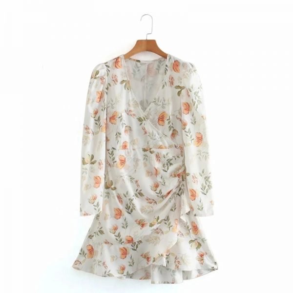 Spring Women Flower Printing Cross V Neck Ruffled Hem Mini Dress Female Puff Sleeve Clothes Casual Lady Loose Vestido D7301