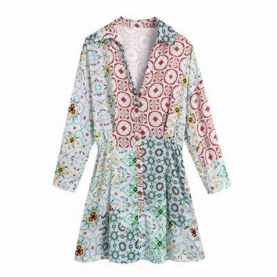 Women Geometric Patchwork Print Turndown Collar Mini Shirt Dress Female Nine Quarter Sleeve Clothes Casual Lady Vestido D8158