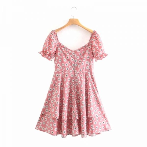 Summer Women Flower Printing Cascading Ruffle Pink Midi Dress Female Short Sleeve Clothes Leisure Loose Vestido D7905