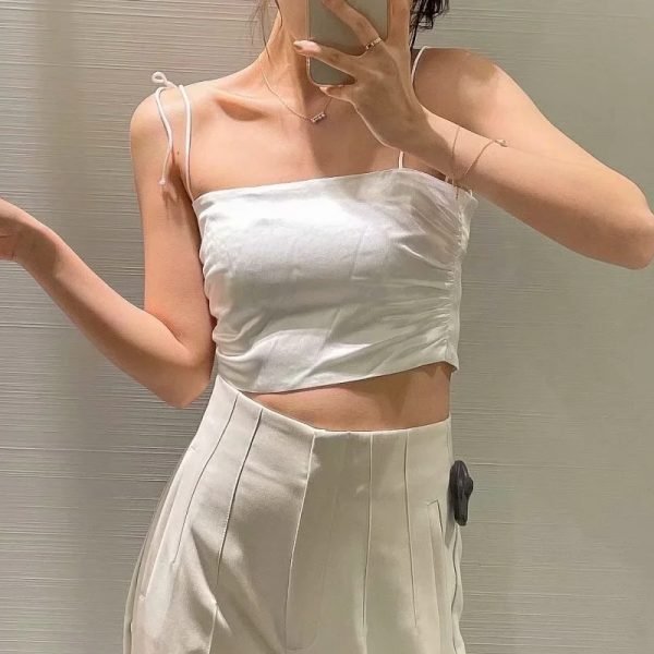 Summer Women Solid Satin Pleating Short Suspender Blouse Casual Female Sleeveless Slim Crop Tops T1519